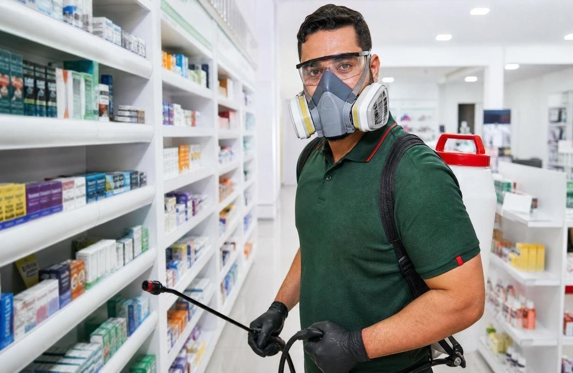 Técnico Biotec, com EPI, aplicando controle de pragas em ambiente comercial